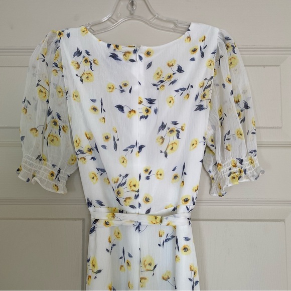 New DKNY Dress 6 White Yellow Floral V-neck Wrap Chiffon Midi Lined NWT $129 - Picture 6 of 10